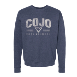 Navy blue sweatshirt with 'COJO' and 'Cody Johnson' text on a white background