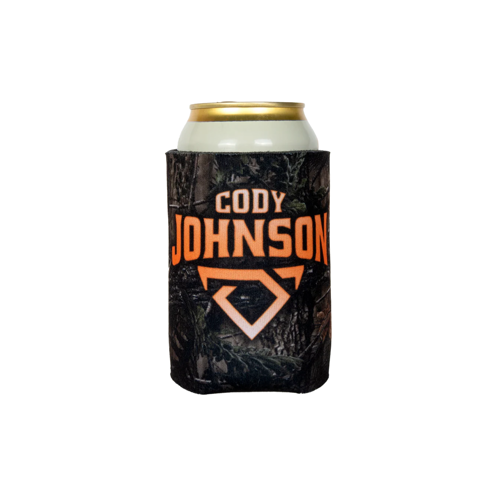 Cody Johnson branded can cooler with a can inside on a white background