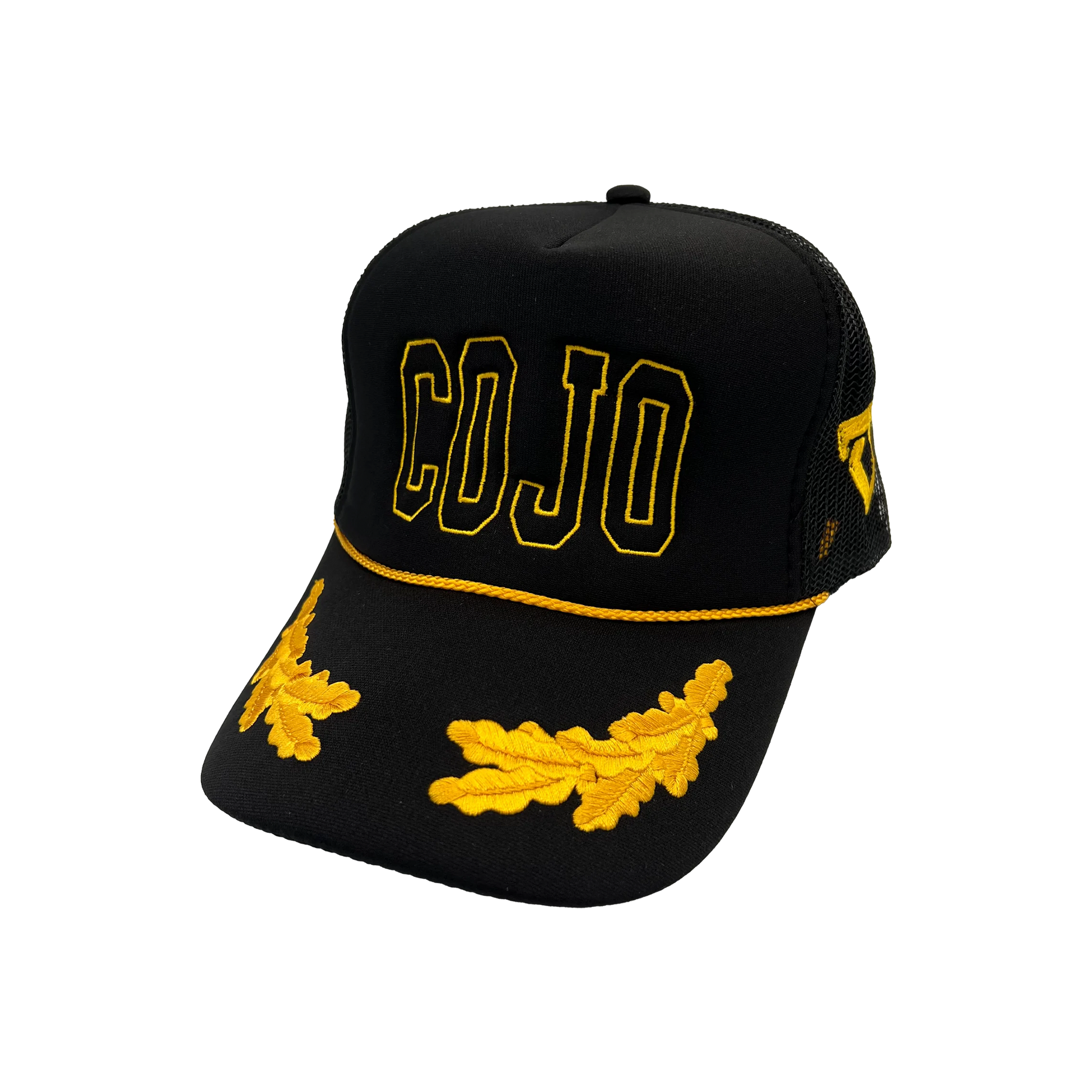 Black cap with yellow 'COJO' text and decorative elements on a white background Cody Johnson
