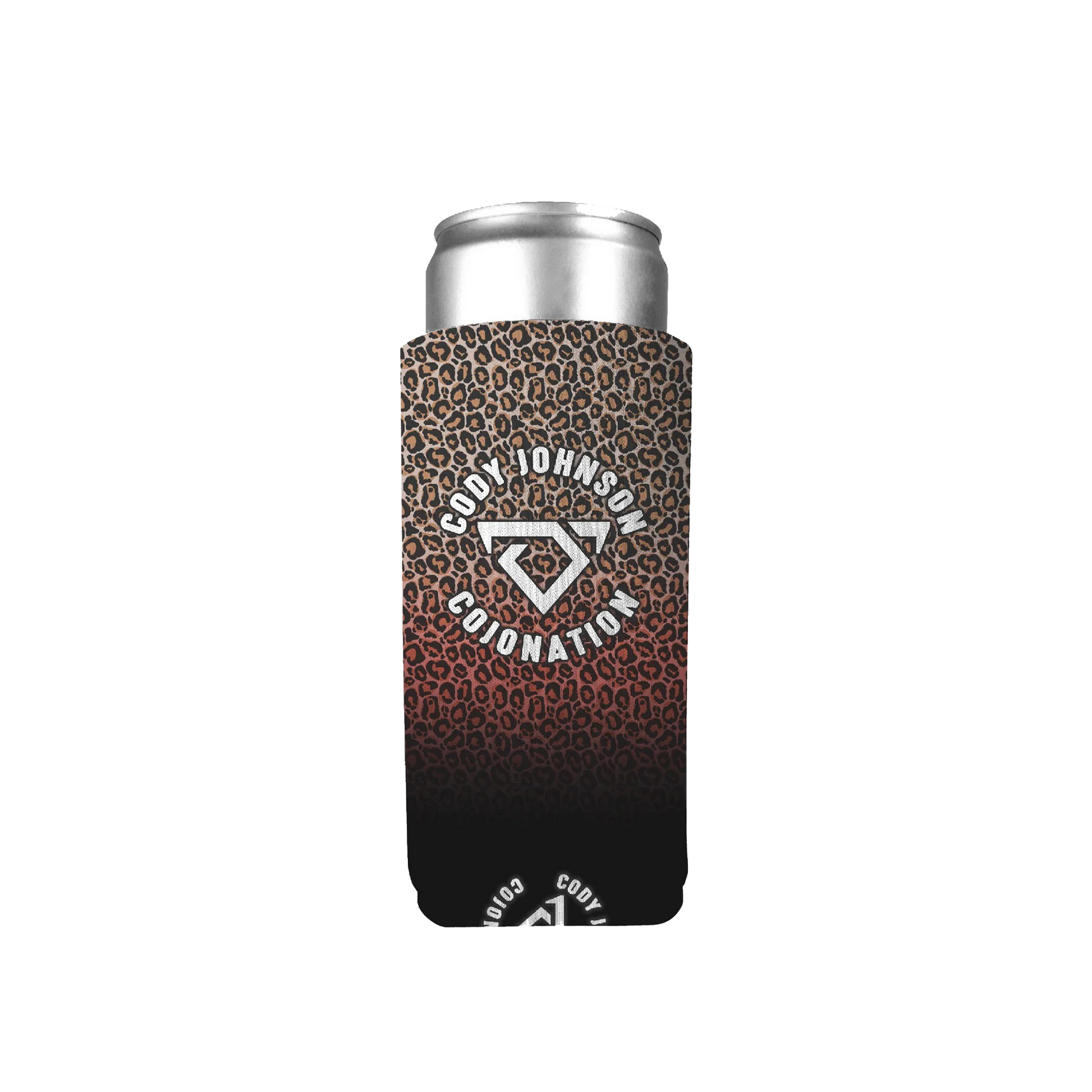 Cody Johnson Cojonation can cooler with leopard print design on a white background COJO