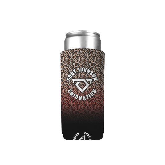 Cody Johnson Cojonation can cooler with leopard print design on a white background COJO