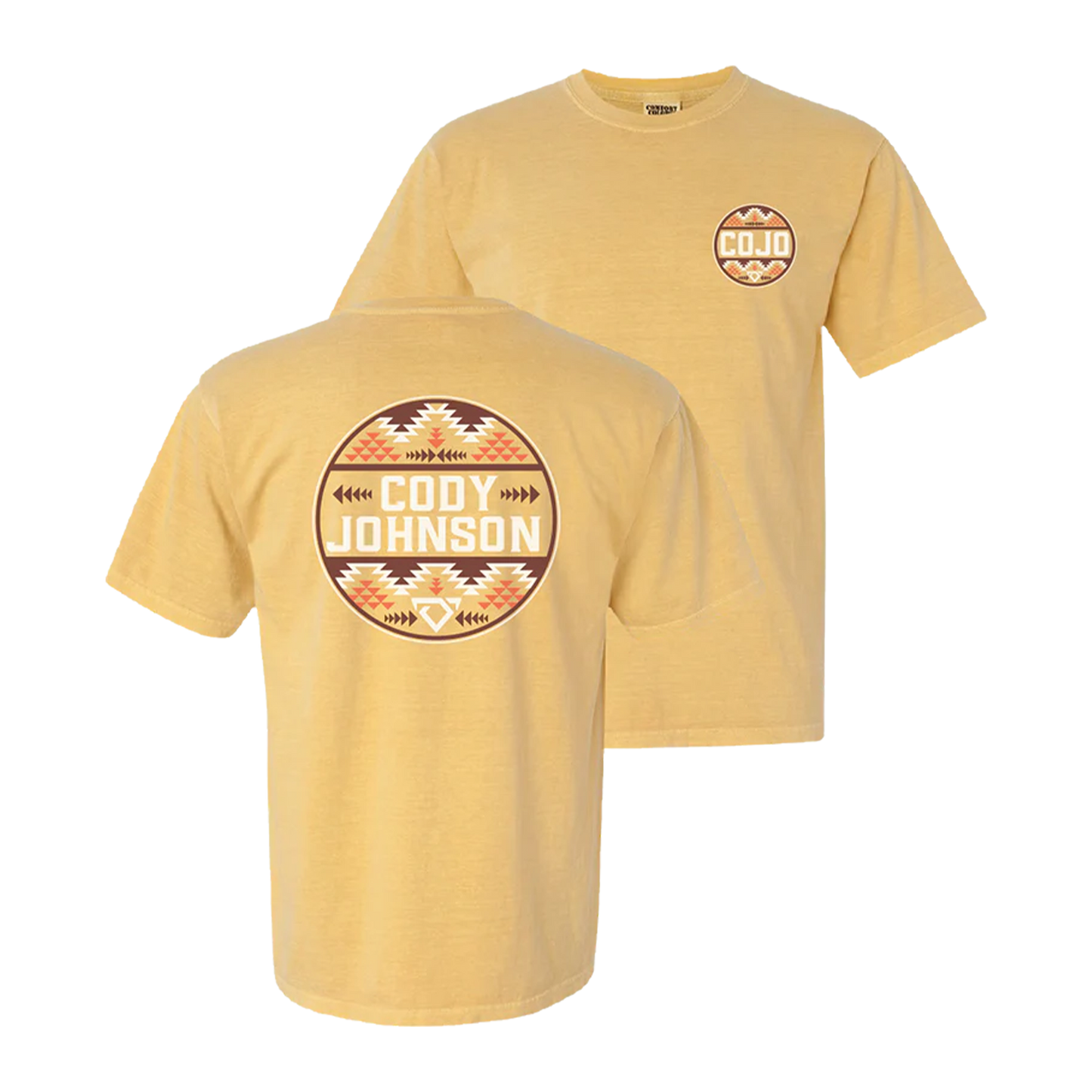 Yellow t-shirt with 'Cody Johnson' logo on a white background. COJO