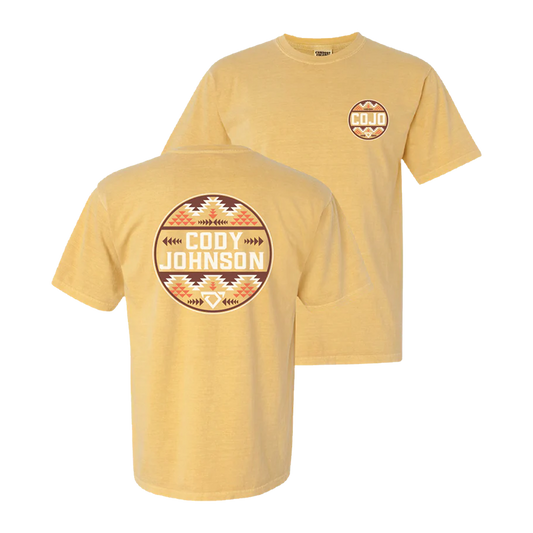 Yellow t-shirt with 'Cody Johnson' logo on a white background. COJO
