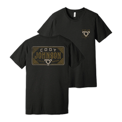 Black t-shirt with gold and white graphics on a white background Cody Johnson COJO