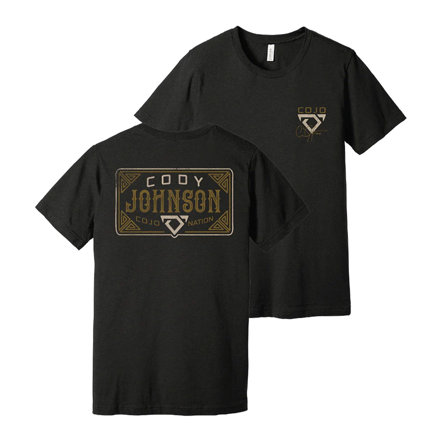 Black t-shirt with gold and white graphics on a white background Cody Johnson COJO
