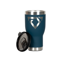 Blue insulated tumbler and lid with a silver logo on a white background bull logo Cody Johnson COJO