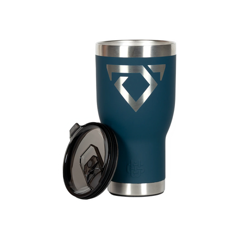 Blue insulated tumbler and lid with a silver logo on a white background bull logo Cody Johnson COJO