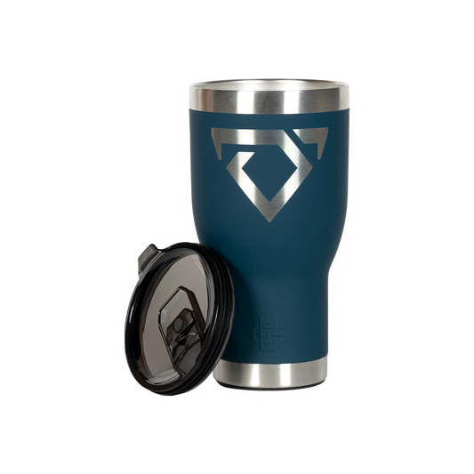 Blue insulated tumbler and lid with a silver logo on a white background bull logo Cody Johnson COJO