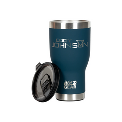 Blue tumbler with silver lid featuring 'Cody Johnson' branding on a white background