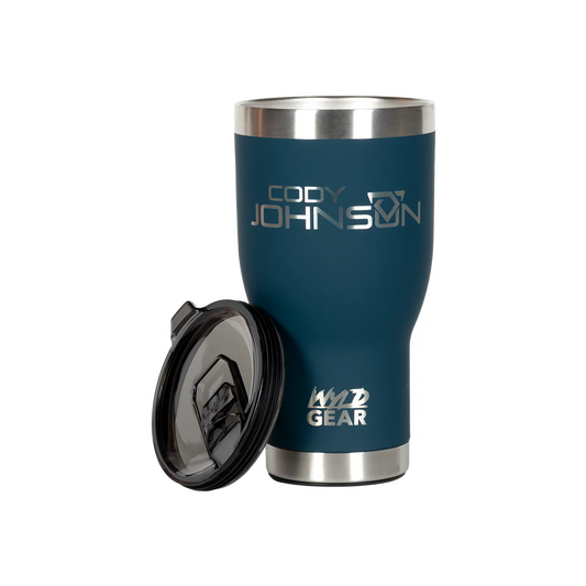 Blue tumbler with silver lid featuring 'Cody Johnson' branding on a white background