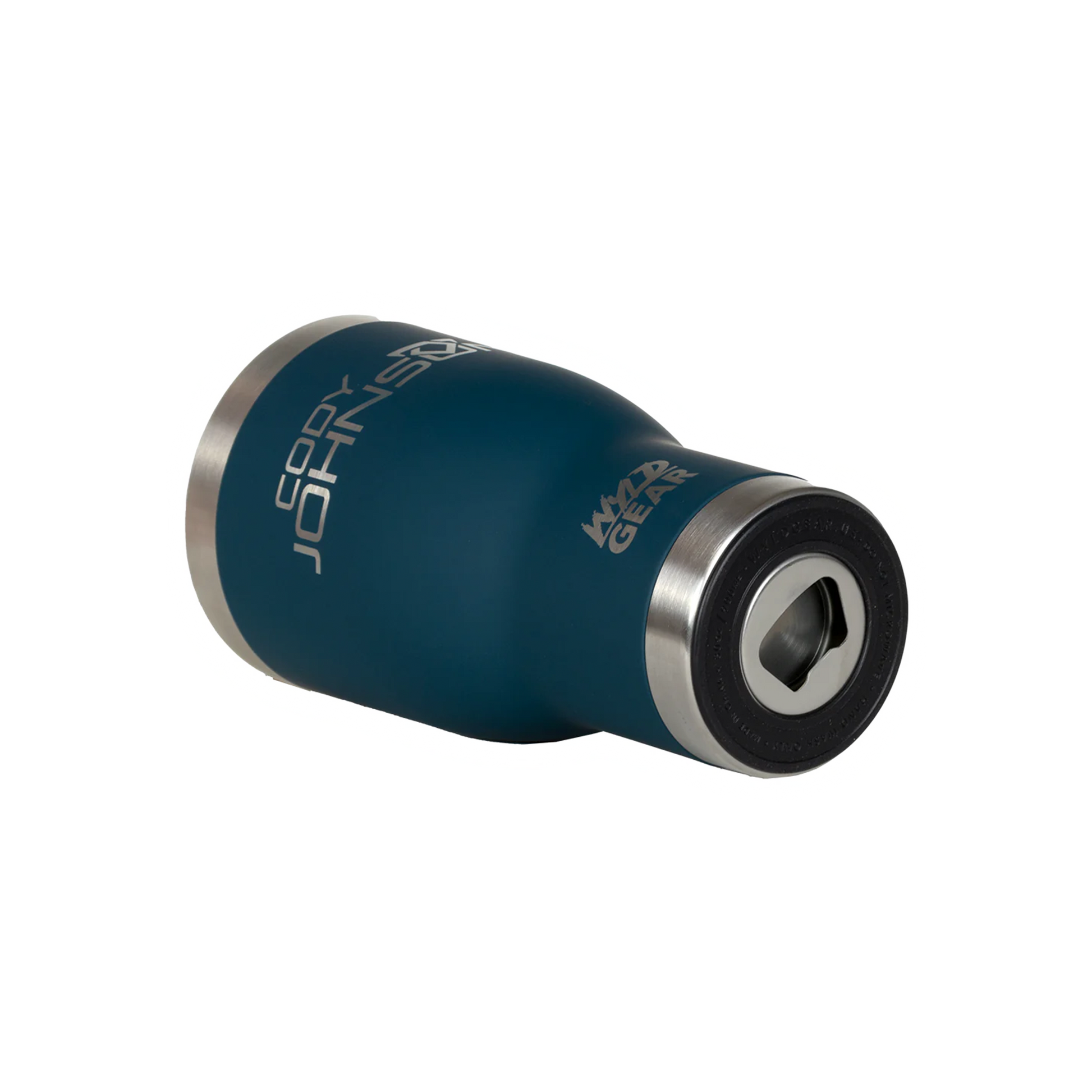 Blue metal bottle opener with 'Scotty Johnson' branding on a white background