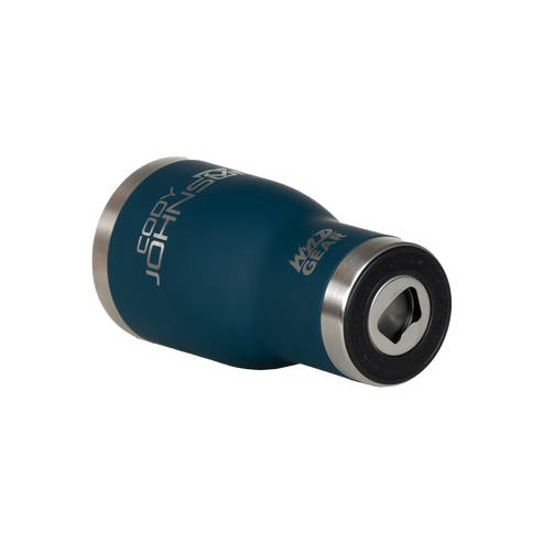 Blue metal bottle opener with 'Scotty Johnson' branding on a white background