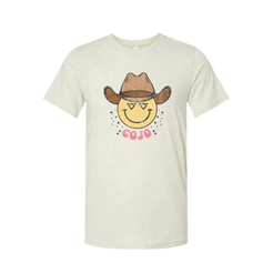 Beige youth t-shirt with a smiley face wearing a cowboy hat and 'COJO' text on a white background Cody Johnson
