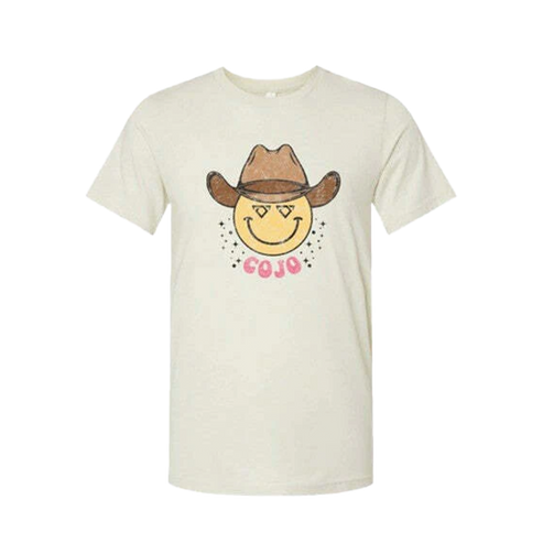 Beige youth t-shirt with a smiley face wearing a cowboy hat and 'COJO' text on a white background Cody Johnson