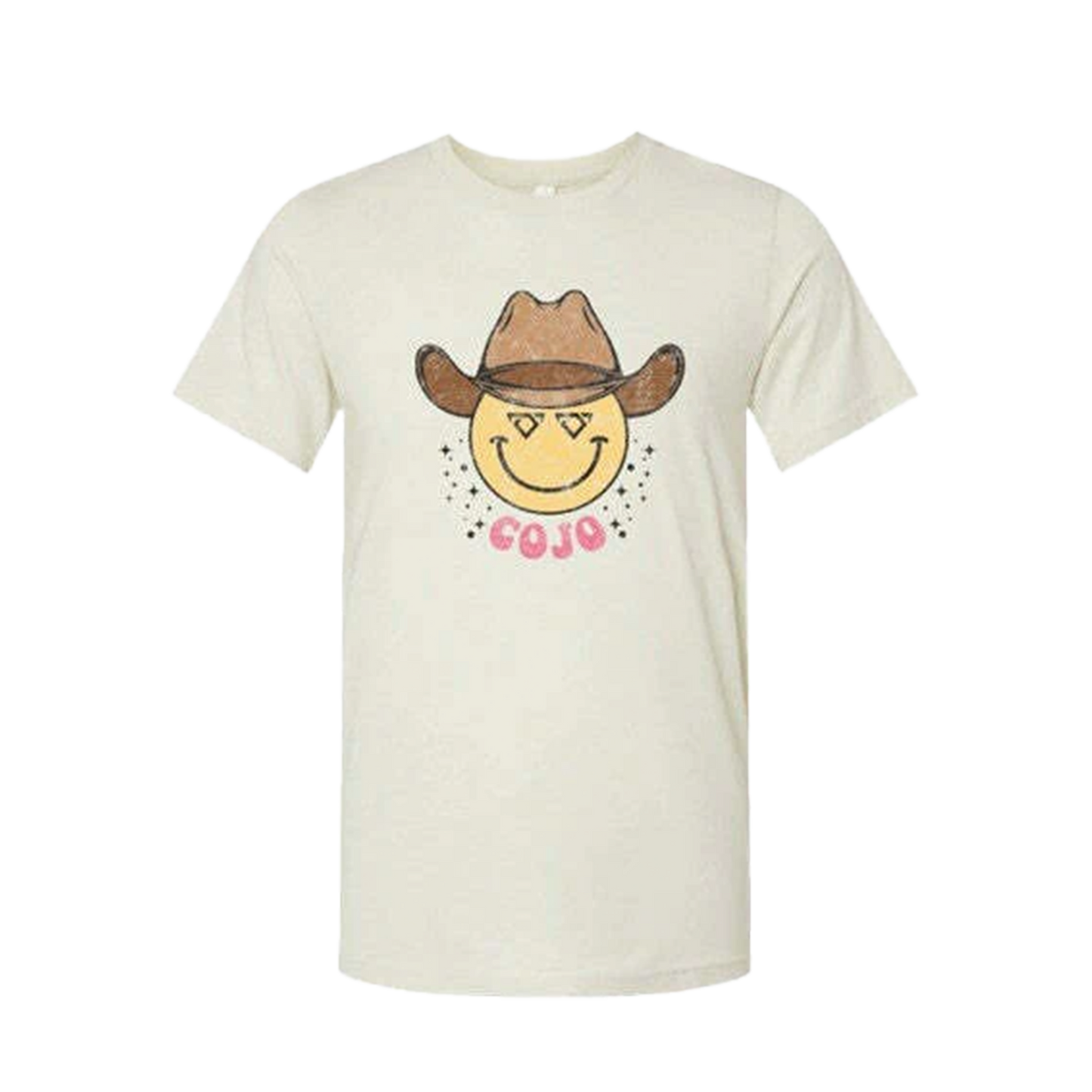 Beige youth t-shirt with a smiley face wearing a cowboy hat and 'COJO' text on a white background Cody Johnson