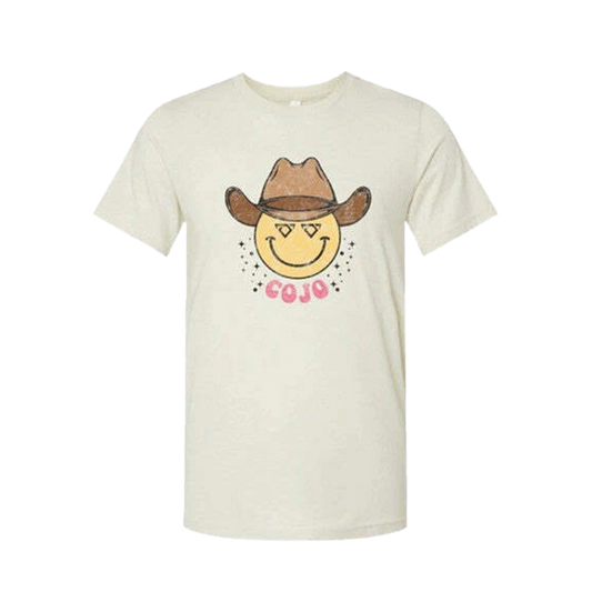 Beige youth t-shirt with a smiley face wearing a cowboy hat and 'COJO' text on a white background Cody Johnson