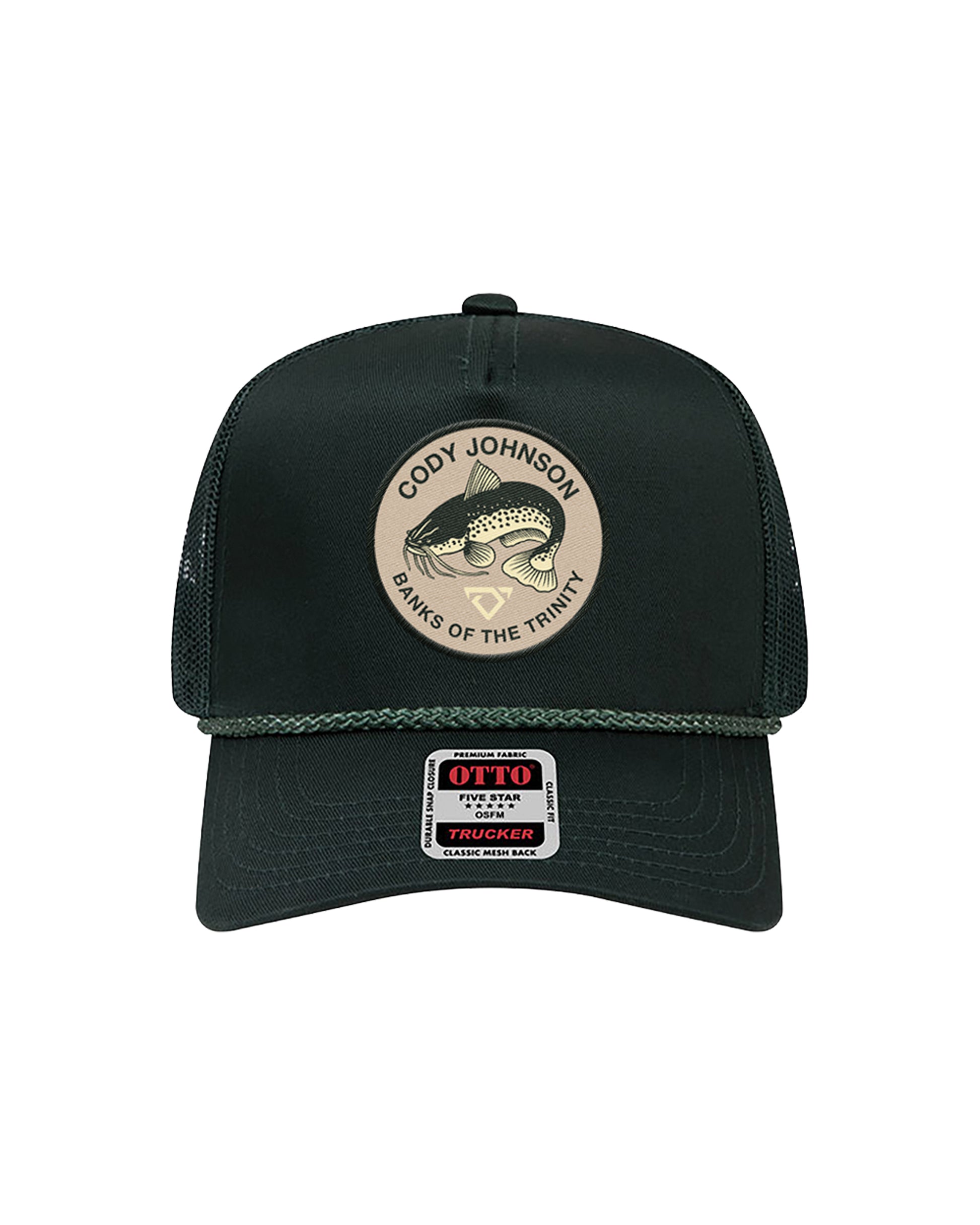 Black trucker cap with a fish logo and branding on a white background