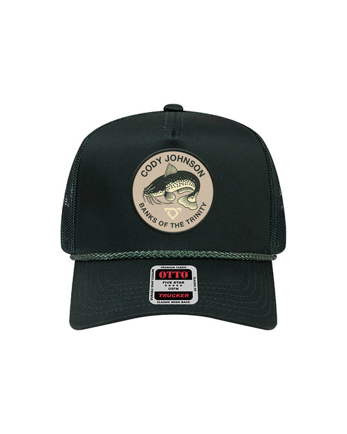 Black trucker cap with a fish logo and branding on a white background