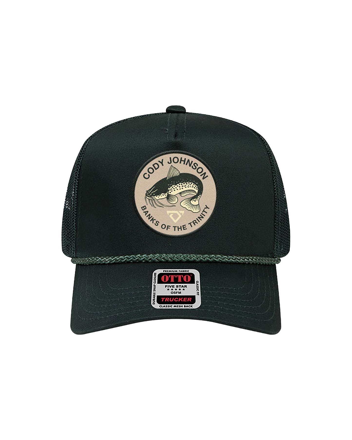 Black trucker cap with a fish logo and branding on a white background