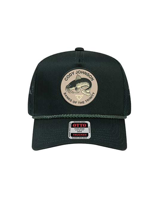 Black trucker cap with a fish logo and branding on a white background