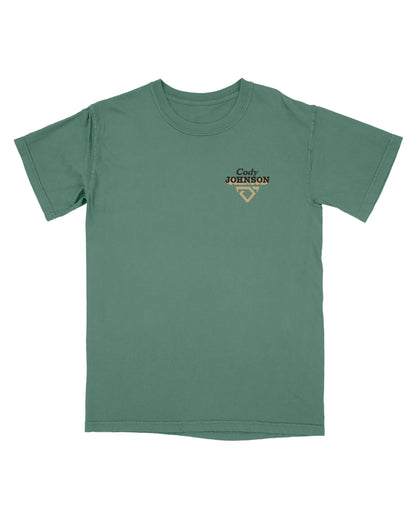 Green t-shirt with a logo on a white background