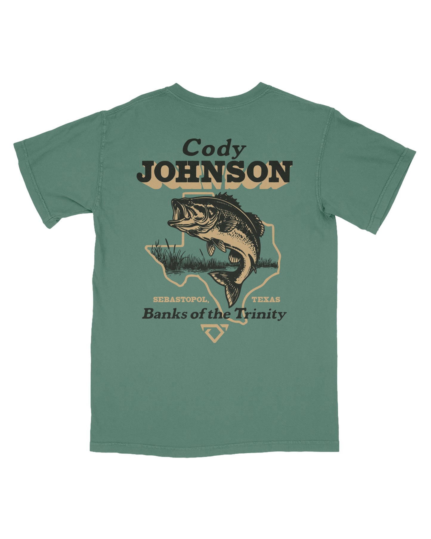 Green t-shirt with fishing graphic and text on a white background