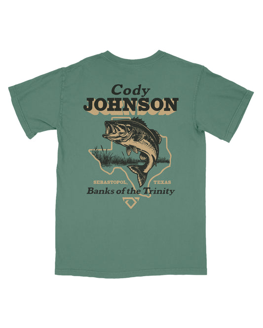 Green t-shirt with fishing graphic and text on a white background