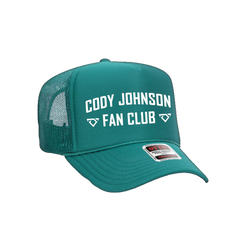 Teal cap with 'Cody Johnson Fan Club' text on a white background COJO