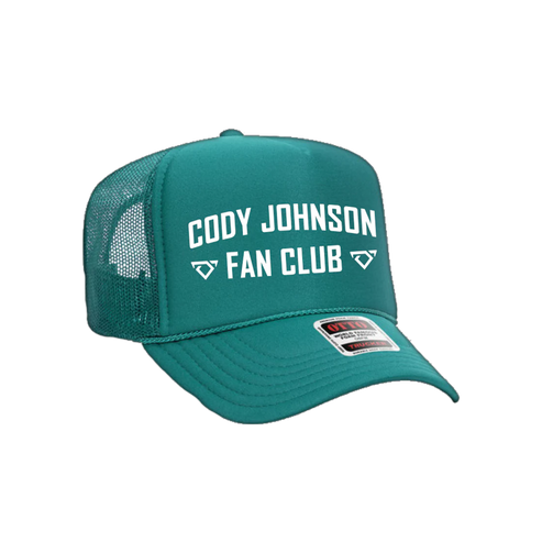 Teal cap with 'Cody Johnson Fan Club' text on a white background COJO