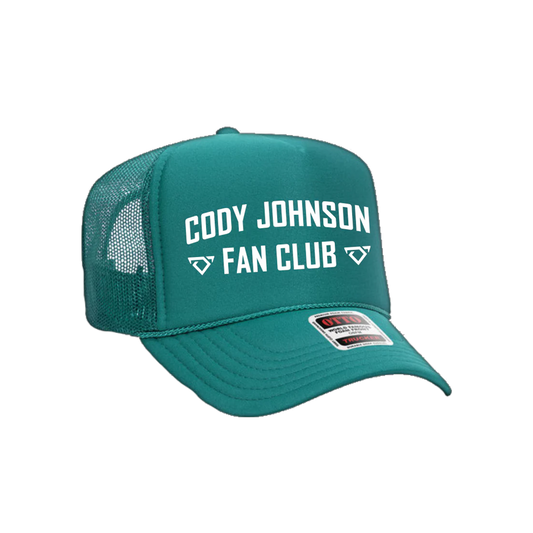 Teal cap with 'Cody Johnson Fan Club' text on a white background COJO