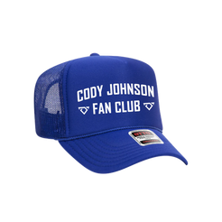 Blue cap with 'Cody Johnson Fan Club' text on a white background