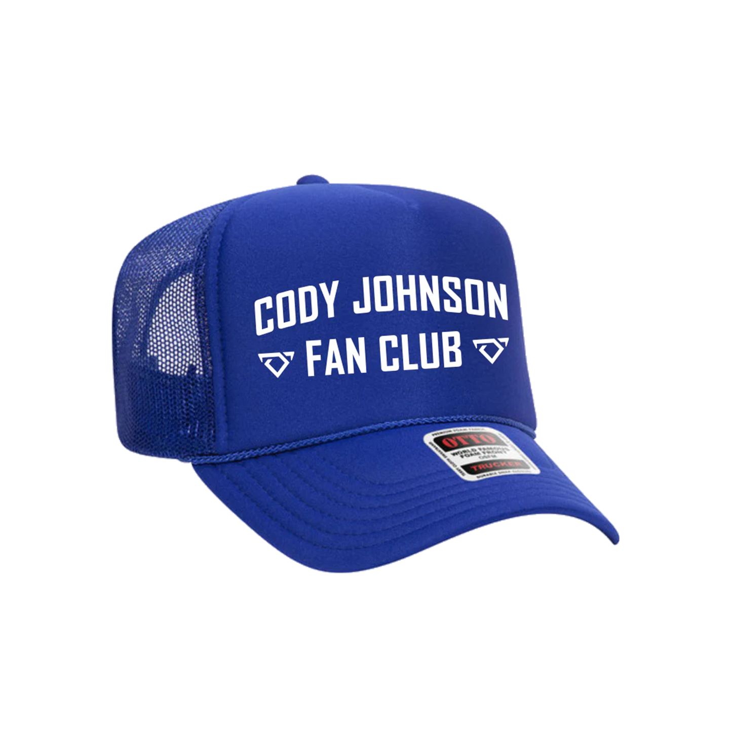 Blue cap with 'Cody Johnson Fan Club' text on a white background