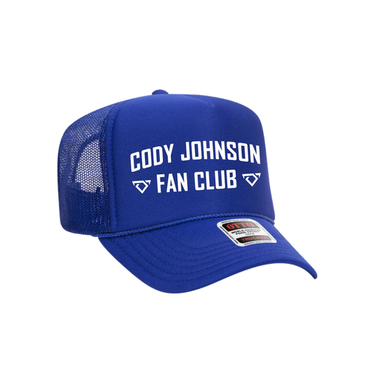 Blue cap with 'Cody Johnson Fan Club' text on a white background