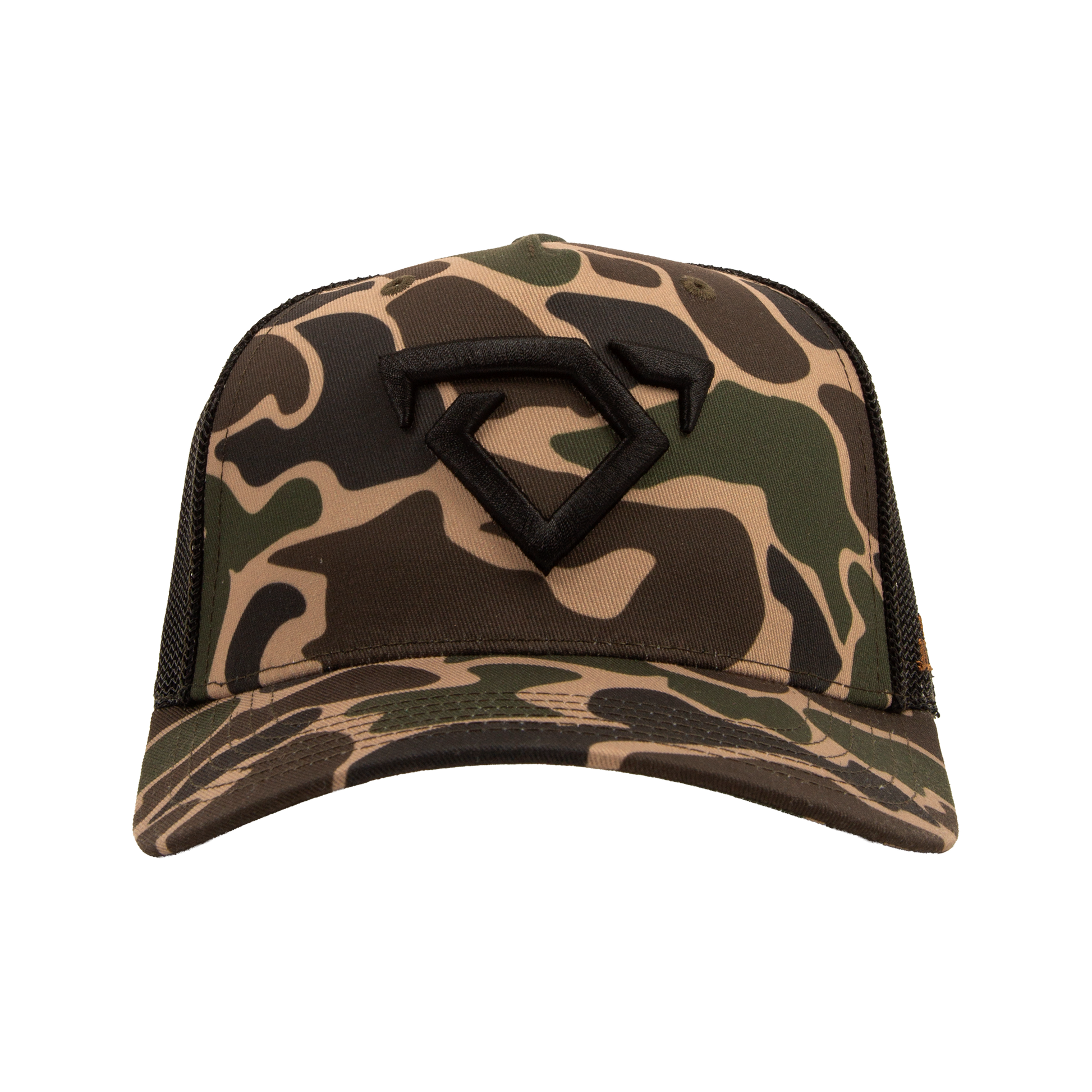 Camouflage trucker cap with a black logo on a white background