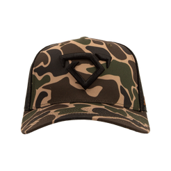 Camouflage trucker cap with a black logo on a white background