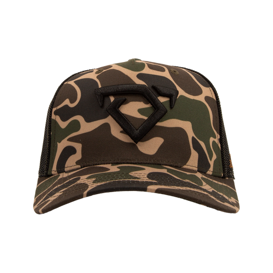 Camouflage trucker cap with a black logo on a white background