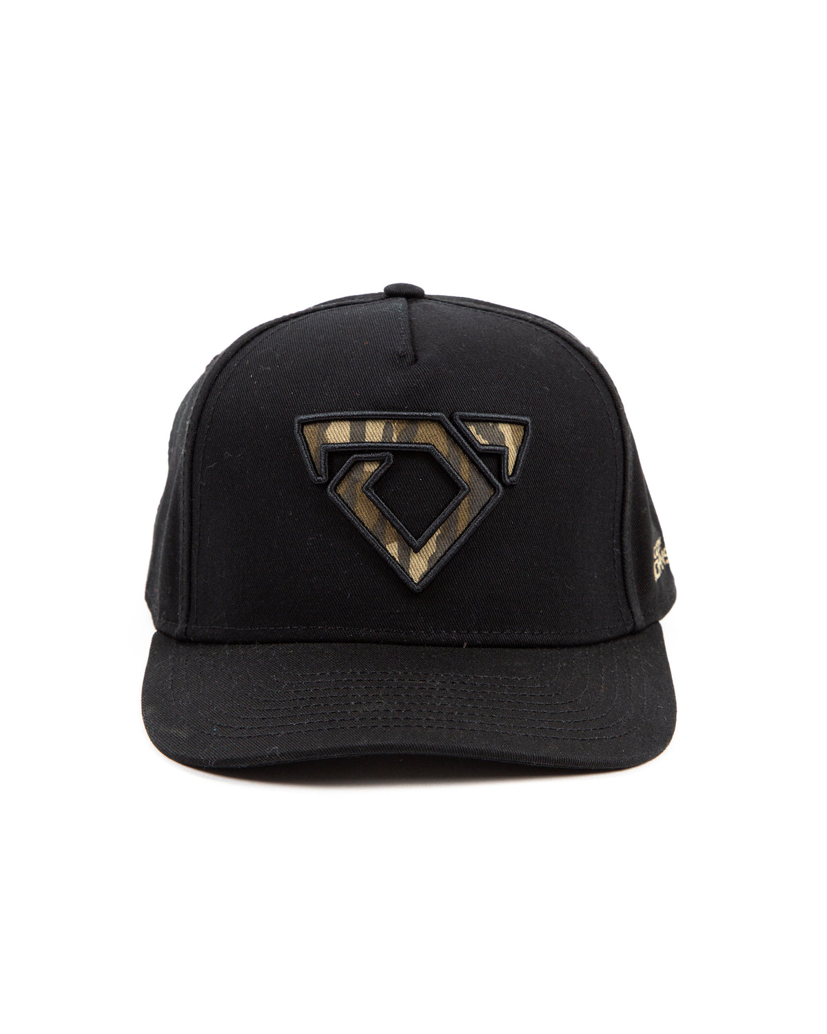 Black cap with a camo bull logo embroidered on the front