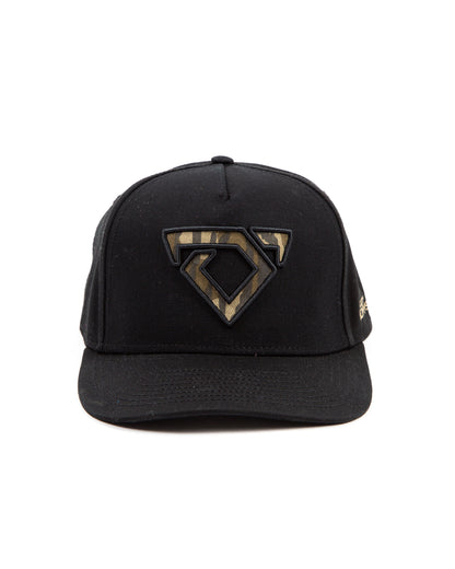 Black cap with a camo bull logo embroidered on the front