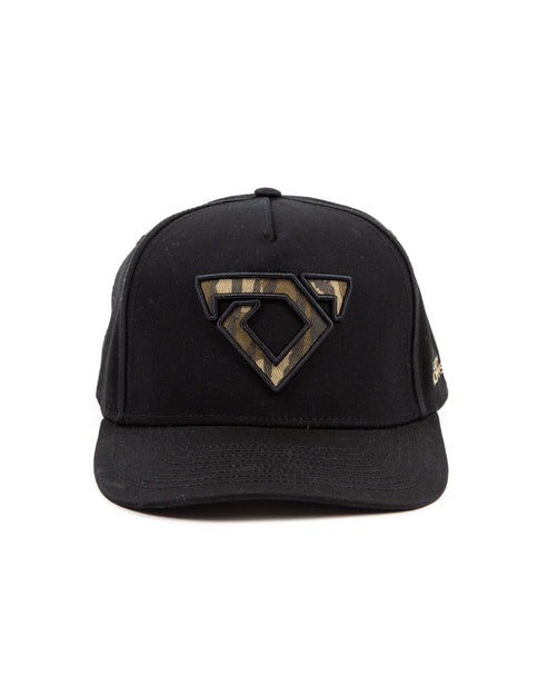 Black cap with a camo bull logo embroidered on the front
