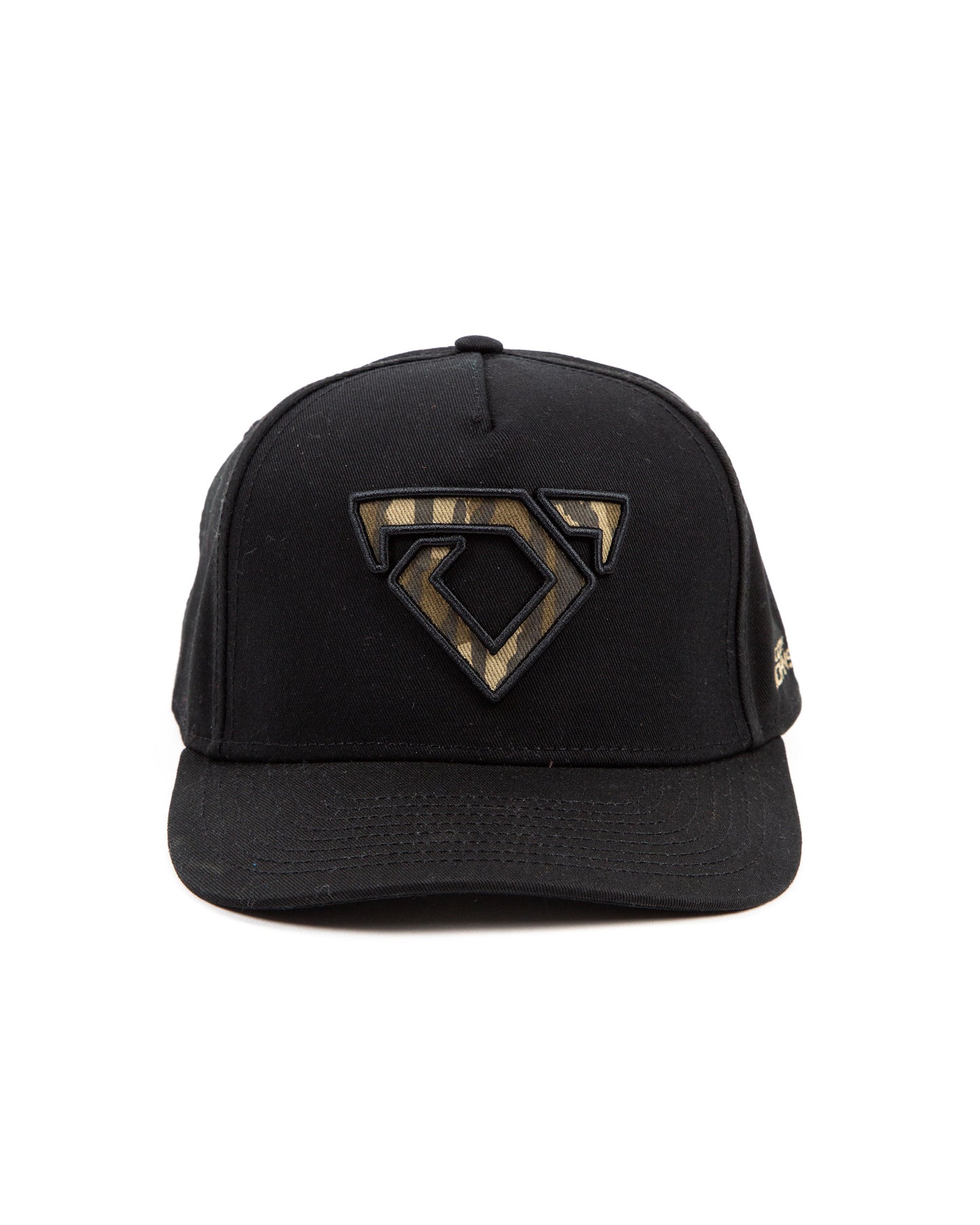 Black cap with a camo bull logo embroidered on the front