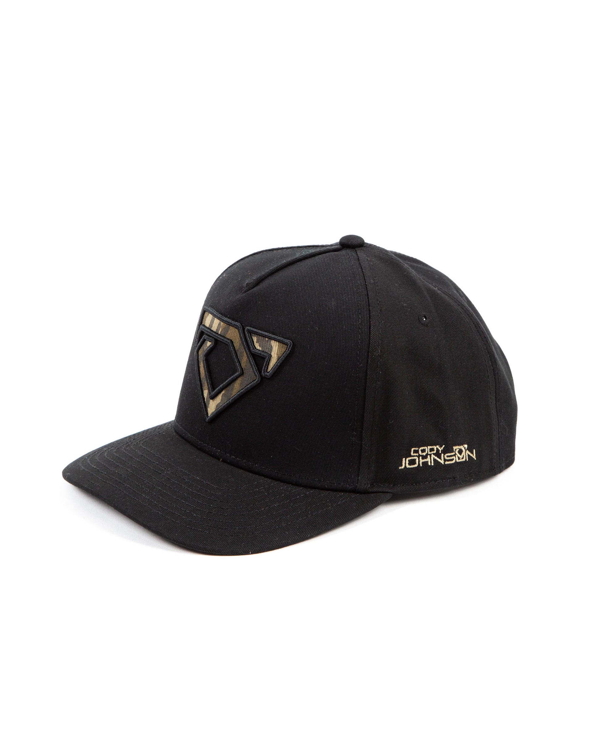 Black cap with a camo bull logo embroidered on the front and Cody Johnson name on the side