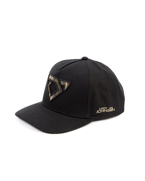 Black cap with a camo bull logo embroidered on the front and Cody Johnson name on the side