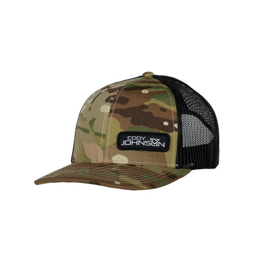 Camouflage trucker hat with black mesh back and logo on a white background Cody Johnson COJO
