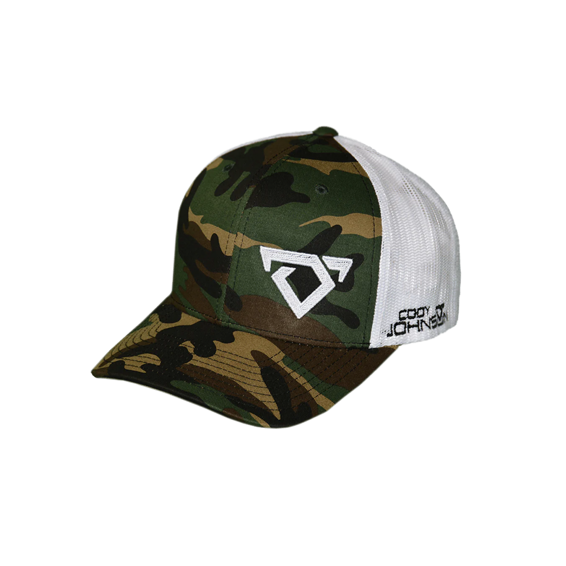 Camouflage baseball cap with white mesh back and bull logo in white Cody Johnson COJO