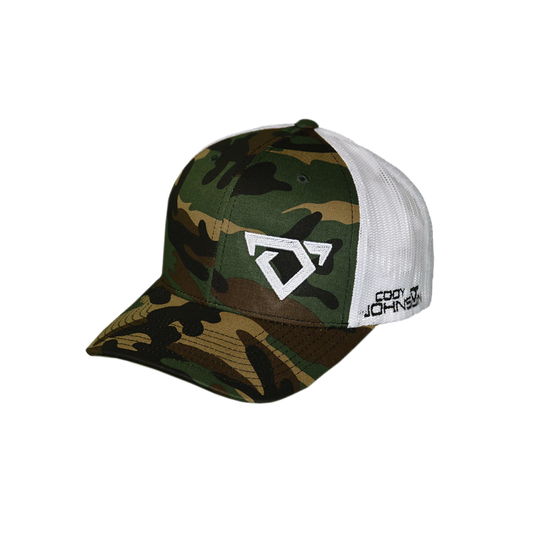 Camouflage baseball cap with white mesh back and bull logo in white Cody Johnson COJO