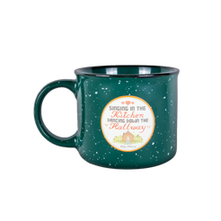 Green speckled mug with a decorative label on a white background singing in the kitchen dancing down the hallway Cody johnson COJO