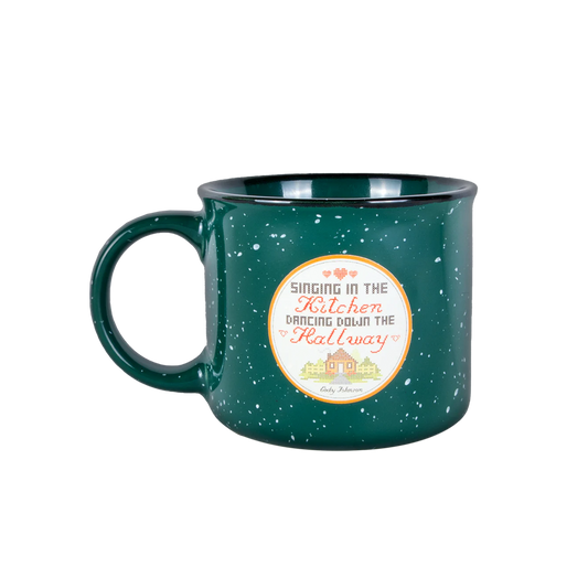 Green speckled mug with a decorative label on a white background singing in the kitchen dancing down the hallway Cody johnson COJO
