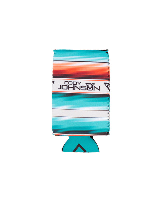 Colorful striped can cooler with 'Cody Johnson' branding on a white background