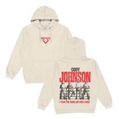 Beige hoodie with red and black graphics on a white background