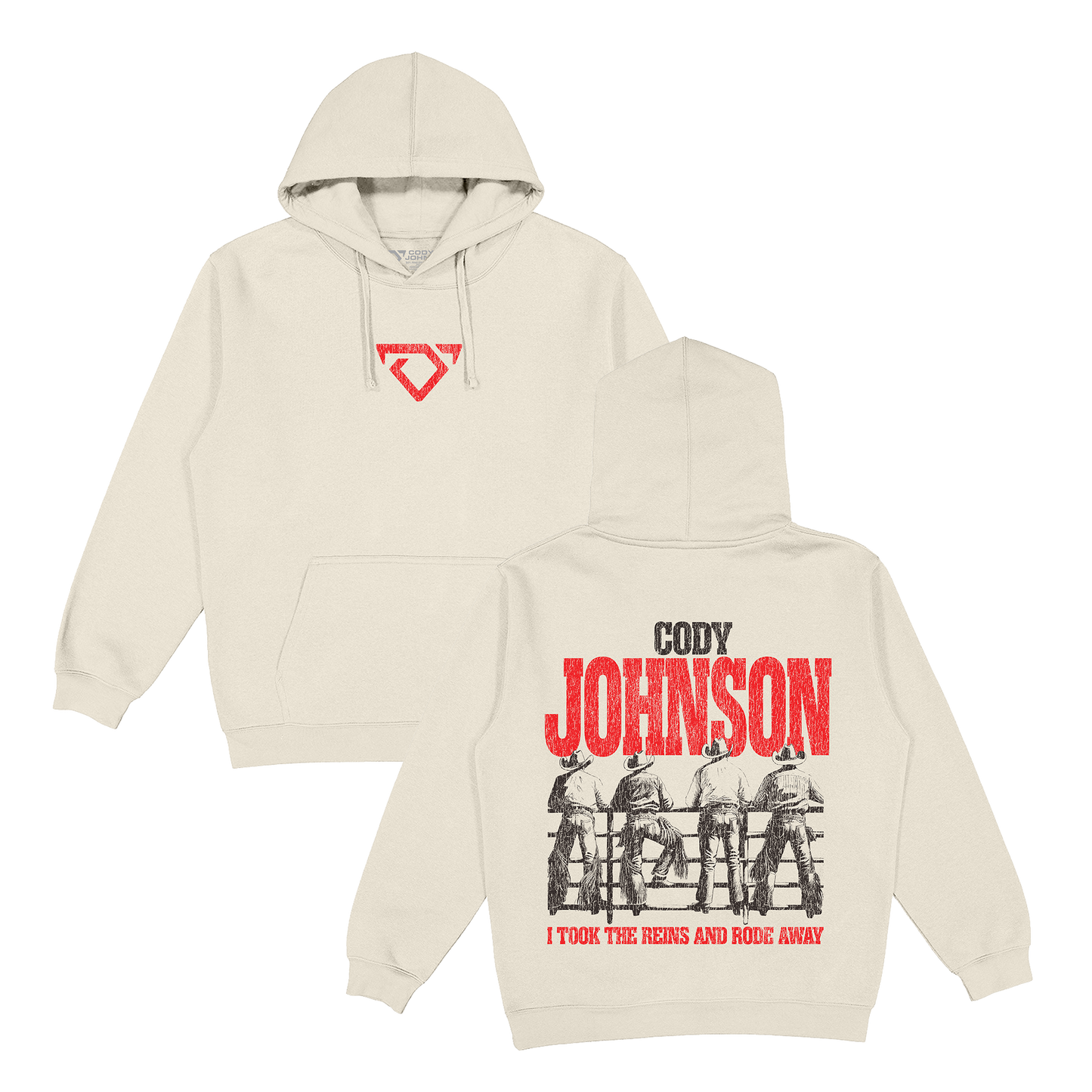 Beige hoodie with red and black graphics on a white background